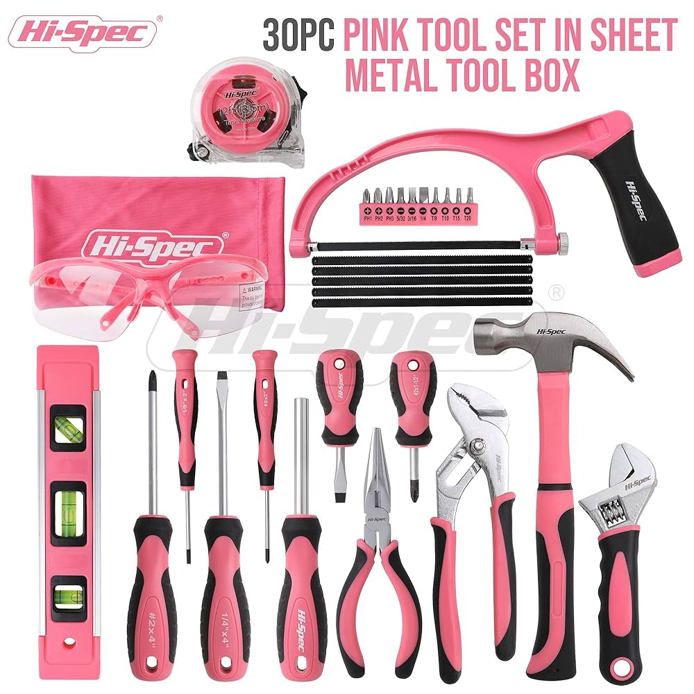 Hi-Spec 30-częściowa, retro różowa skrzynka narzędziowa z